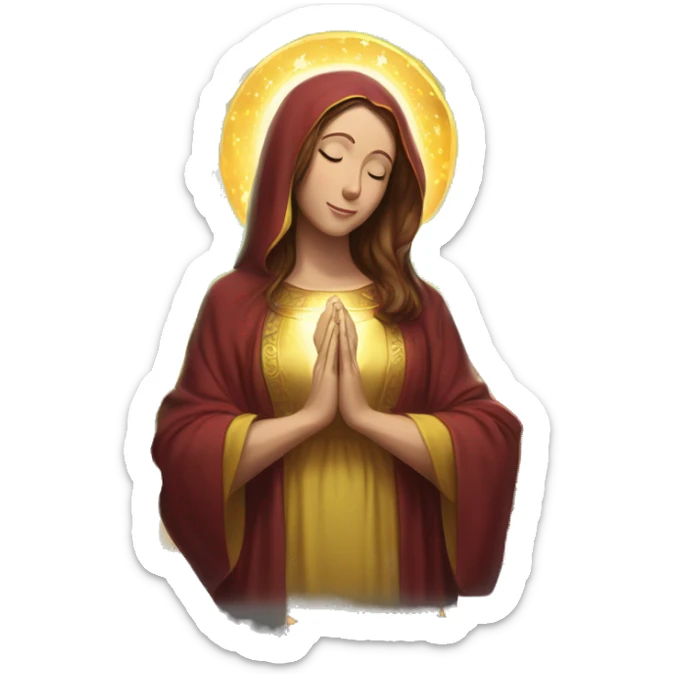 Virgin Mary: kind face looking down at the left, long brown hair, Wearing an emerald green  robe with gold stars and a burgundy red dress,  Hands in prayer or blessing. Halo around her head. standing in front of a big sun. colorful roses on the sides  sticker