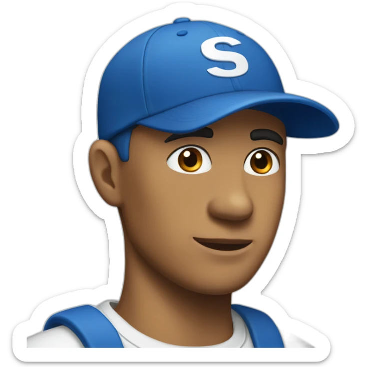 A white Men with a blue cap and with the white letters S and K in his blue tshirt sticker