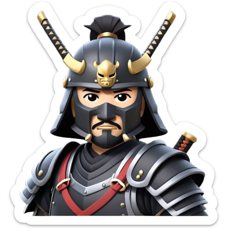 clash-of-clans-aesthetic_-cinematic-fearsome-and-majestic-samurai-bust-portrait-emoji, rendered in a flat, vector-style with minimal shading and bold, simplified shapes typical of emoji art, depicting a battle-hardened samurai with black mask and traditional black Japanese armor. The samurai is riding a noble grey warhorse adorned with an intricately designed saddle and fluttering banners and a rising sun. a samurai riding on a  horse zoomed in sticker