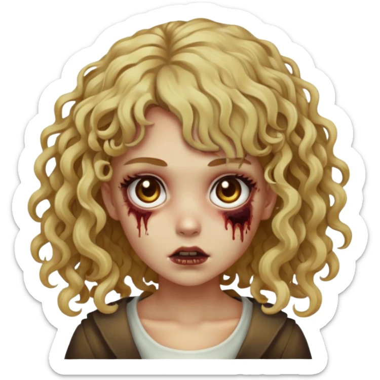 uma garota zumbi de cabelo cor loiro mel forte, olhos castanhos escuros, o cabelo dela é cacheado tipo 2C e ela tem uma franja cacheada, o cabelo dela é longo sticker