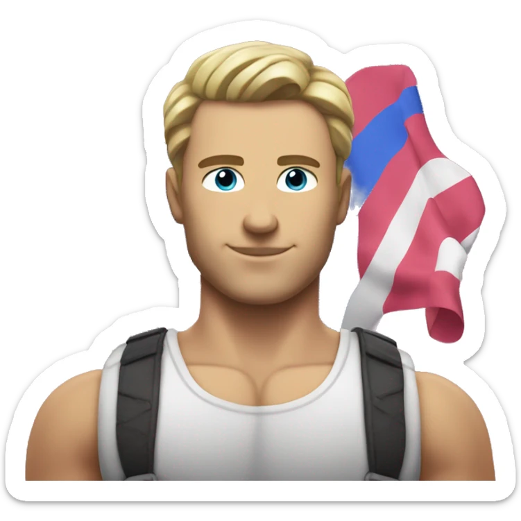A muscular white man with half-slanted eyes and hair style with a parting on the left side holding the bisexual flag sticker