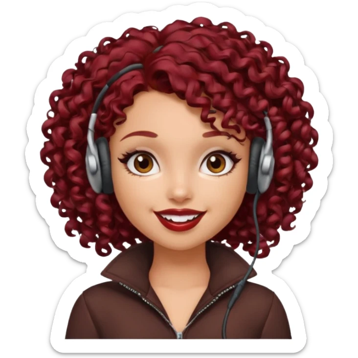 generate a pretty bratz girl curly dark red hair, brown lipstick on, wired earphones on, smiling sticker