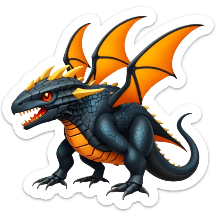 Magmatic fiery badass cool obsidian-Black and golden-orange Helioptile-Amaura-Salamence-Fakémon-hybrid-creature (full body)  sticker