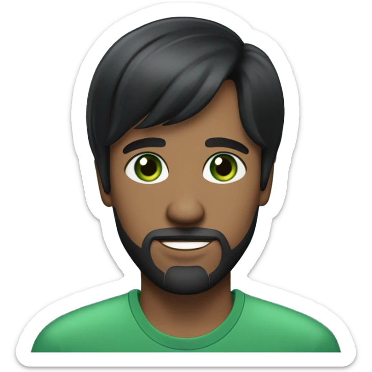 A 30-year-old man with tight black hair with bangs on his head, green eyes, and a tight beard and a dark blue elegant shirt sticker