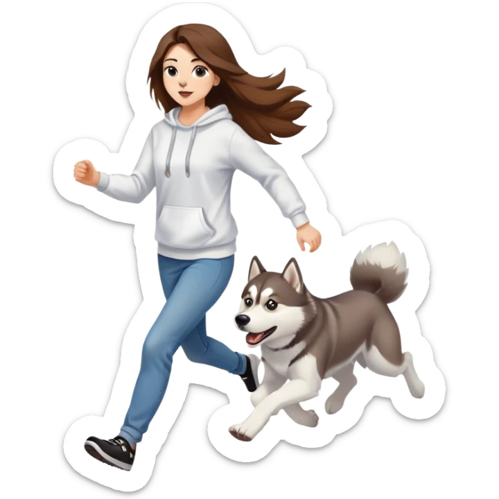The husky is running in front, and a beautiful girl with long hair wearing a white sweatshirt and jeans is chasing behind. sticker