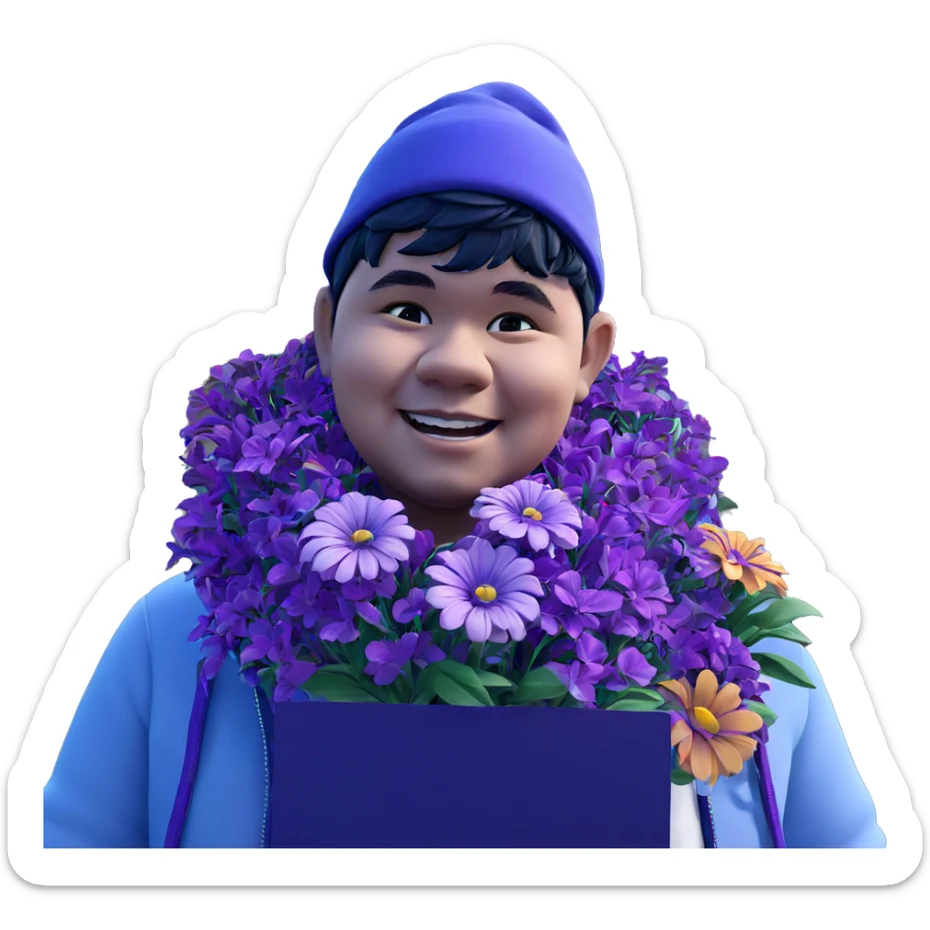 smiling boy with purple flower sticker