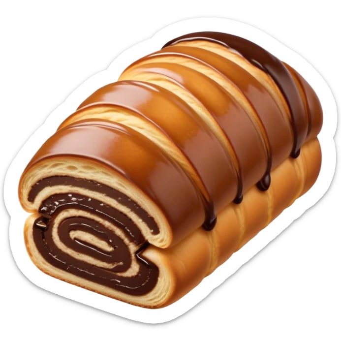 Cinematic warm pain au chocolat, flaky golden-brown pastry with a rich chocolate filling peeking through, perfectly crisp exterior, soft glowing highlights, inviting and indulgent. sticker