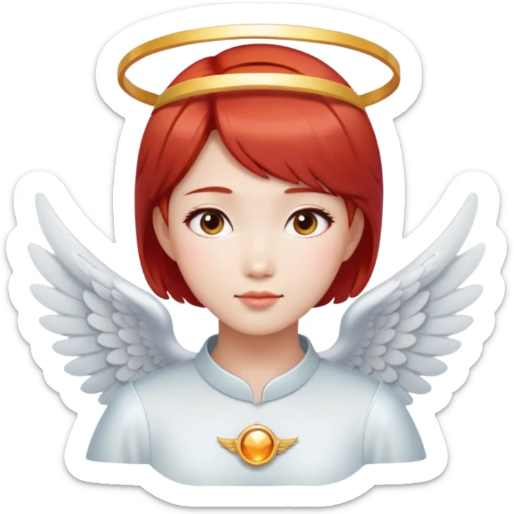 Asian angel girl with short red hair, oval face, and halo sticker