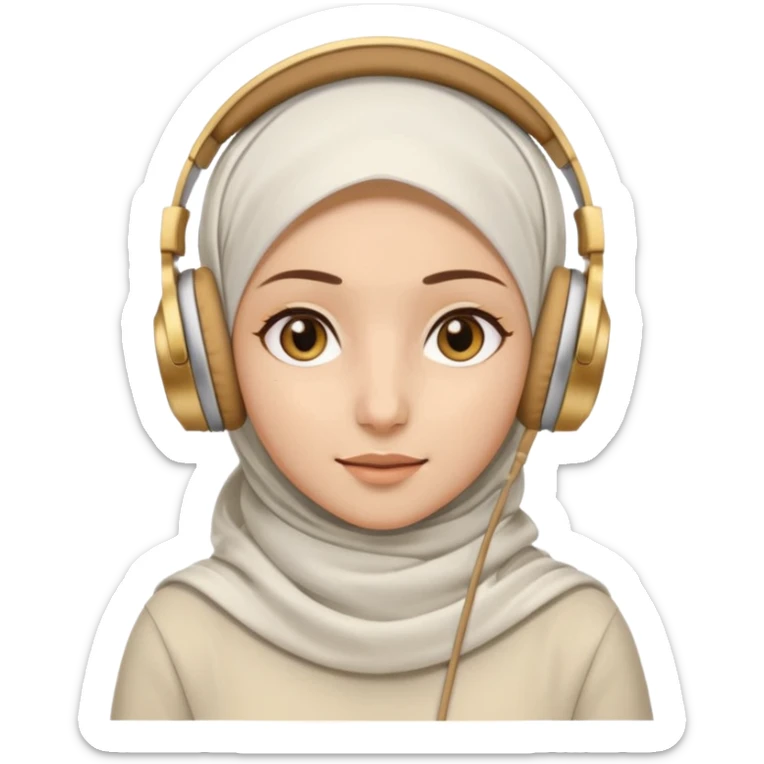 This is a cartoon-style avatar of a woman wearing a white hijab and headphones, with golden-brown eyes and a calm expression. sticker