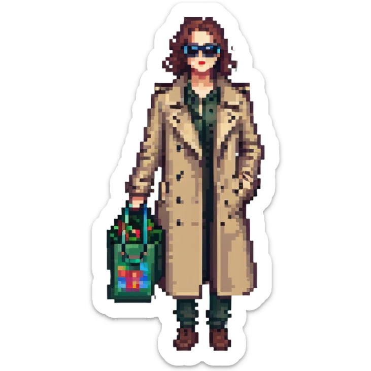 mystery shopper wearing trench coat and sunglasses, holding shopping bag, pixel art style sticker