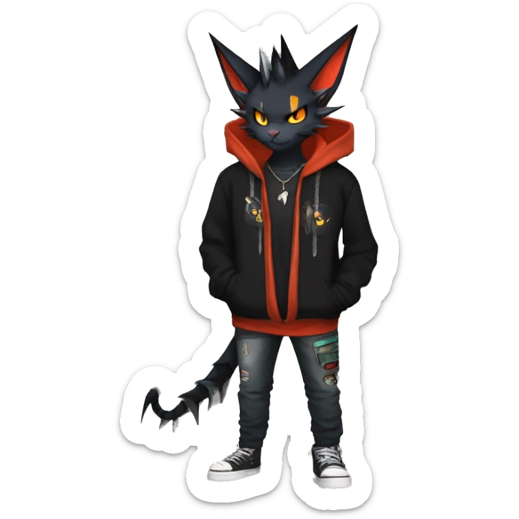 Cool Anthro Black Noivern-Nargacuga-Litten-cat-Pokémon with edgy stripes hoodie spiked collar punk Full Body sticker