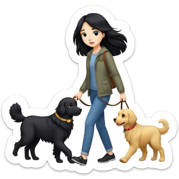 A girl with long black hair walking a black golden retriever sticker