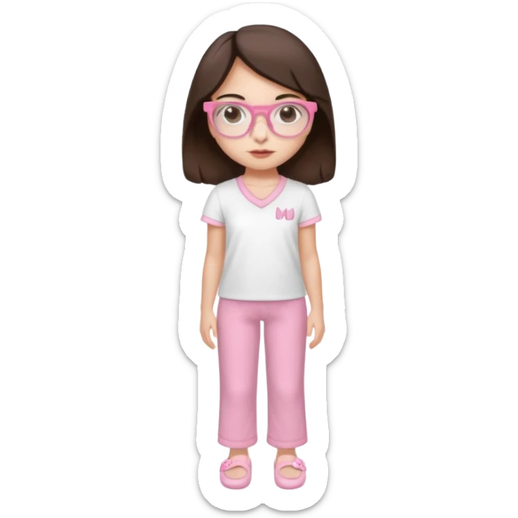 Girl with dark brown hair, light skin, brown eyes, wearing a miu miu glasses the brown ones, and wearing a top in white with a pair of pyjama pants in pink and a slipper in white  sticker