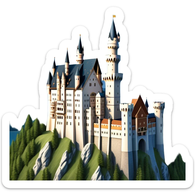 Cinematic Realistic Neuschwanstein Castle Landmark Emoji, depicted as the fairy‚Äêtale castle set against a mountainous backdrop rendered with dramatic lighting and intricate textures. sticker