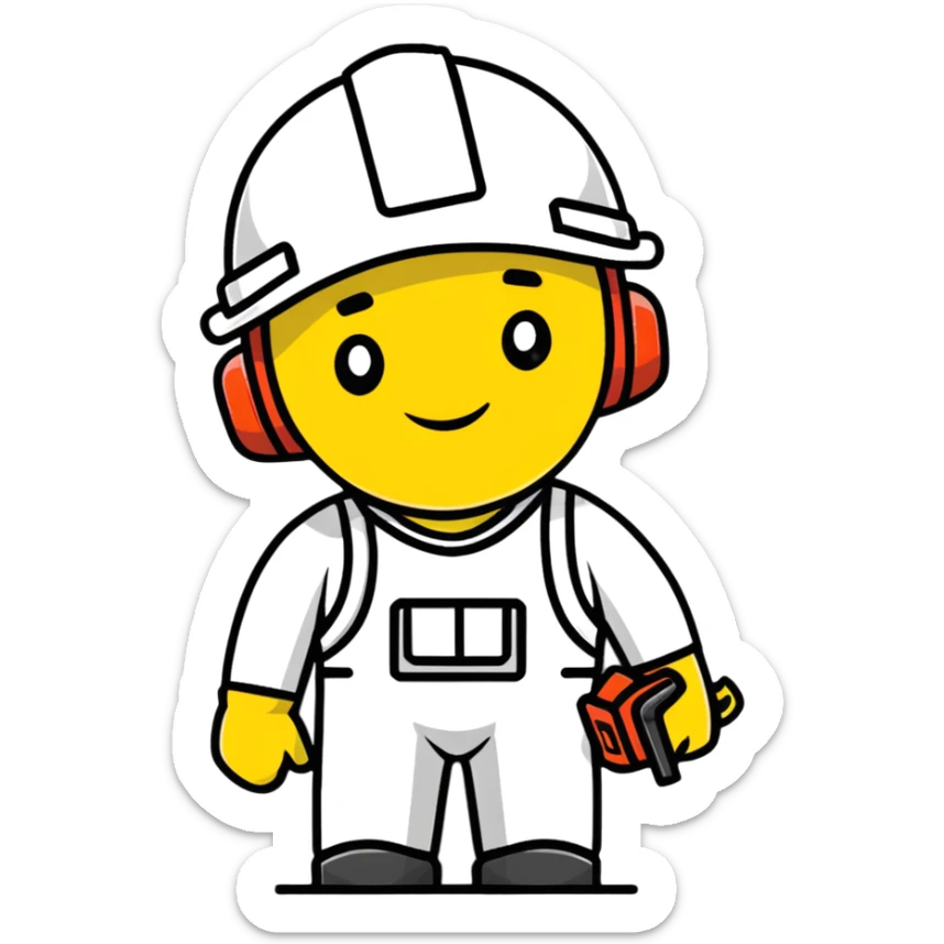 Male oil rig worker in uniform and helmet with safety gear, minimalist design with soft gradients in sky blue, teal green, white, and light gray sticker