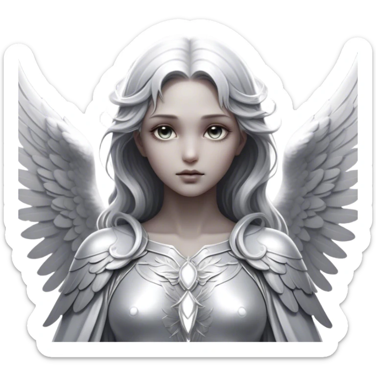 Cinematic Angel, Ultra realistic 32k HD, Breathtaking piece of art, rim lighting, hauntingly beautiful art, mostly greyscale, Balanced features, highly detailed digital artwork, glowing with silver light, glowing, high shine, deviant adoptable, highly detailed clothing, remembrance, a painting of white silver, fanciful, enchanting, ghostly, embodying the essence of both reality and fantasy, dreamy, dreamy glow, optical illusion, immaculate composition, complex pose, air composition. The image is so lifelike that it feels as though it could leap off the canvas at any moment sticker