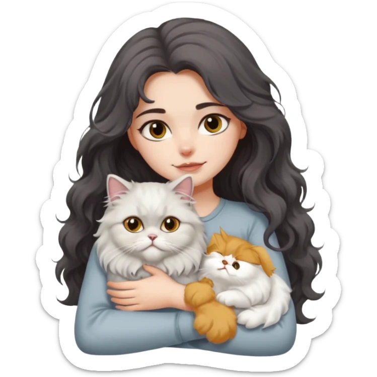 a girl with long dark wavy hair hug a fluffy persian cat with dominant white body and gray on its forehead  sticker