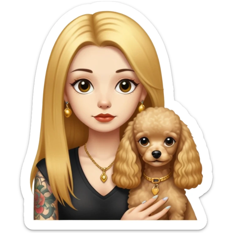 a  girl with glod  straight long hair and tattoos and 2 miniature poodles sticker