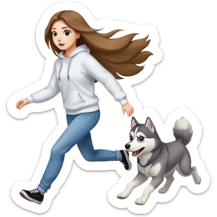 A beautiful girl with long hair wearing a white sweatshirt and jeans is chasing a husky sticker