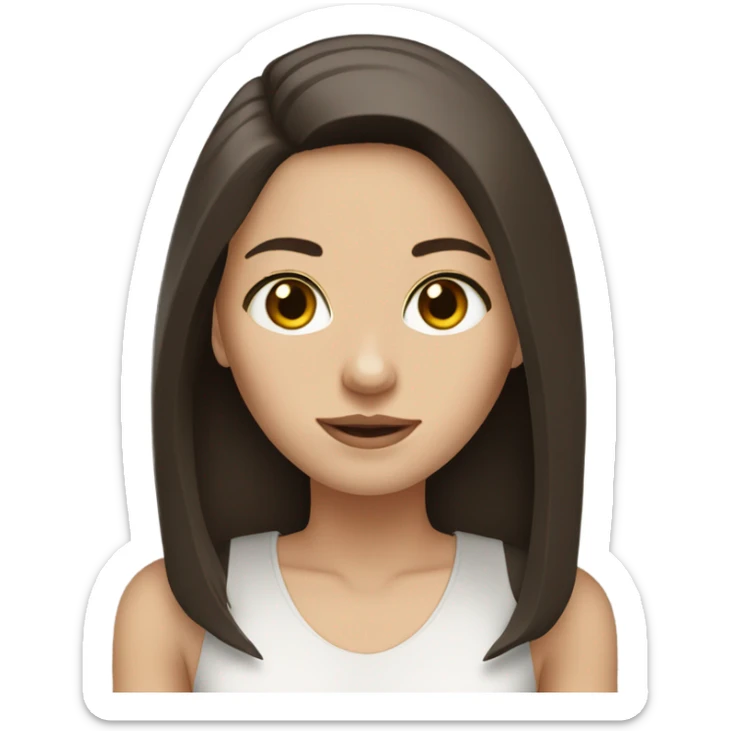 White female, dark brown shoulder length straight hair, big eyes with brown aegyosal sticker