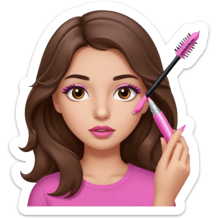 girl with long wavy brown hair, brown eyes, light to medium complexion, in a pink shirt, pink lips, long lashes, puckered lips, putting on mascara sticker