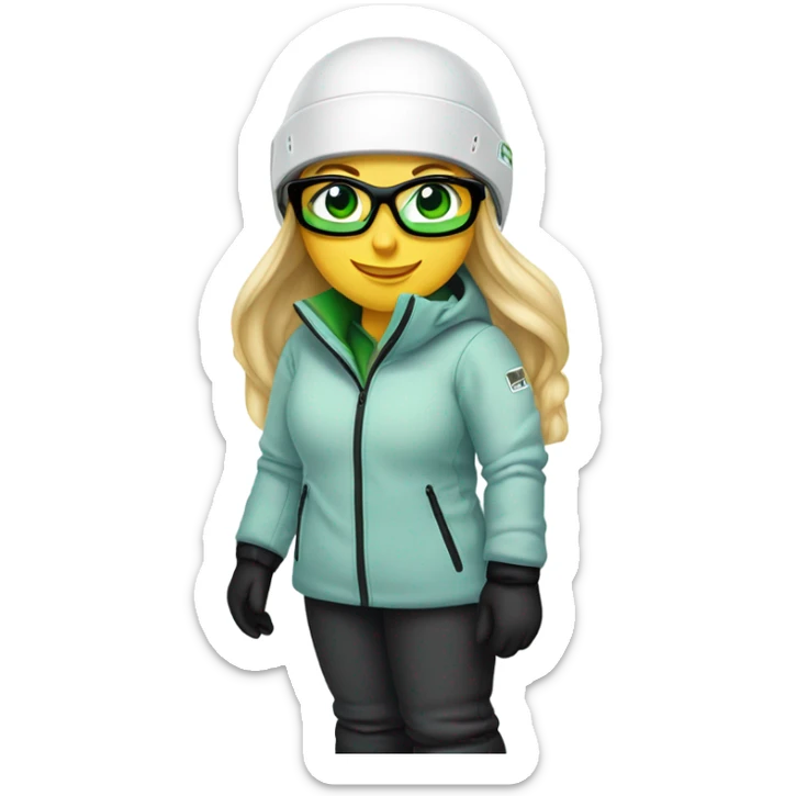 Green-eyed, fat female skier with long straight blonde hair, glasses, white ski helmet, grey snow jacket, long black pants, black only snow boots standing tall. sticker