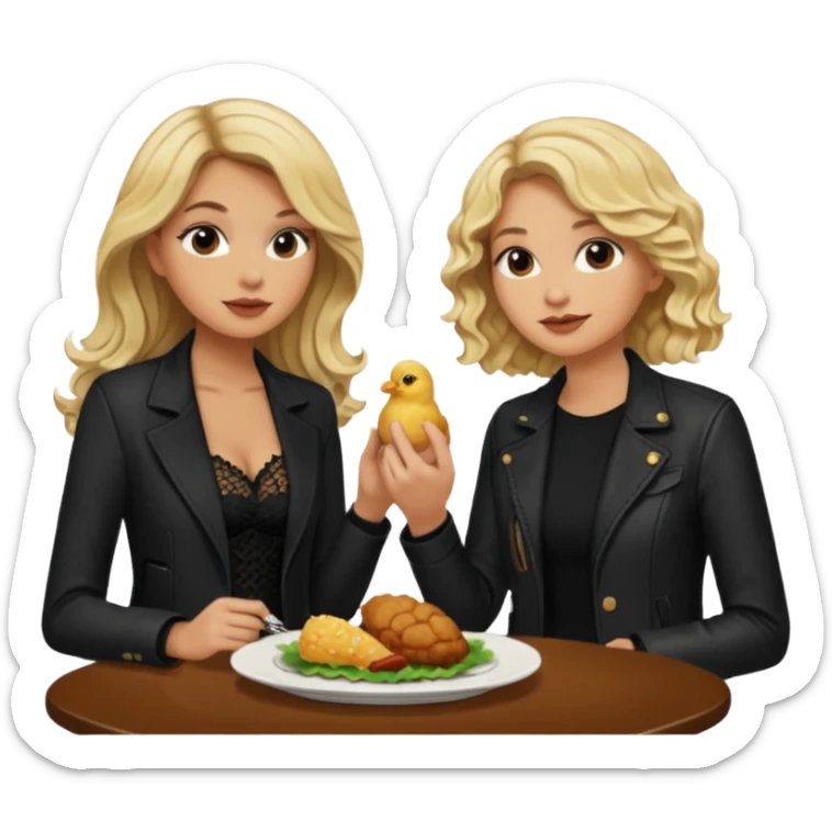 Love tan woman long wavy blonde hair and black lace  with short blonde man Brown shade jacket eating chick filet  sticker