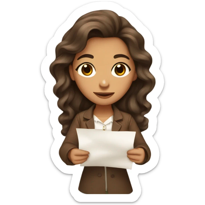girl with olive skin, brown eyes and brown long wavy hair, an a bow holding papers sticker