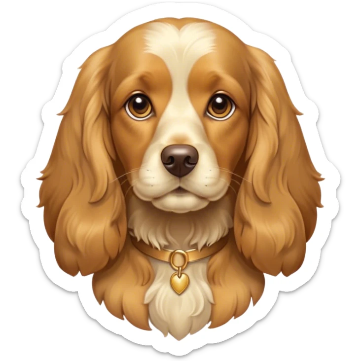 Cinematic Noble Gold Cocker Spaniel Portrait Emoji, Poised and regal, with a medium build and a lustrous, well-groomed golden coat, deep-set soulful brown eyes, Simplified yet sharp and sophisticated features, highly detailed, glowing with a soft, dignified glow, high shine, intelligent and loyal, stylized with an air of elegance, focused and attentive, soft glowing outline, capturing the essence of a watchful and confident companion, so majestic it feels as though it could trot out of the screen with effortless authority! sticker