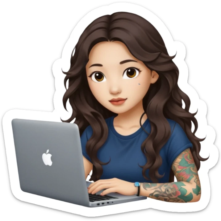 beautiful girl, with tattoos, with long brunette hair, wavy hair, chinese, with laptop sticker