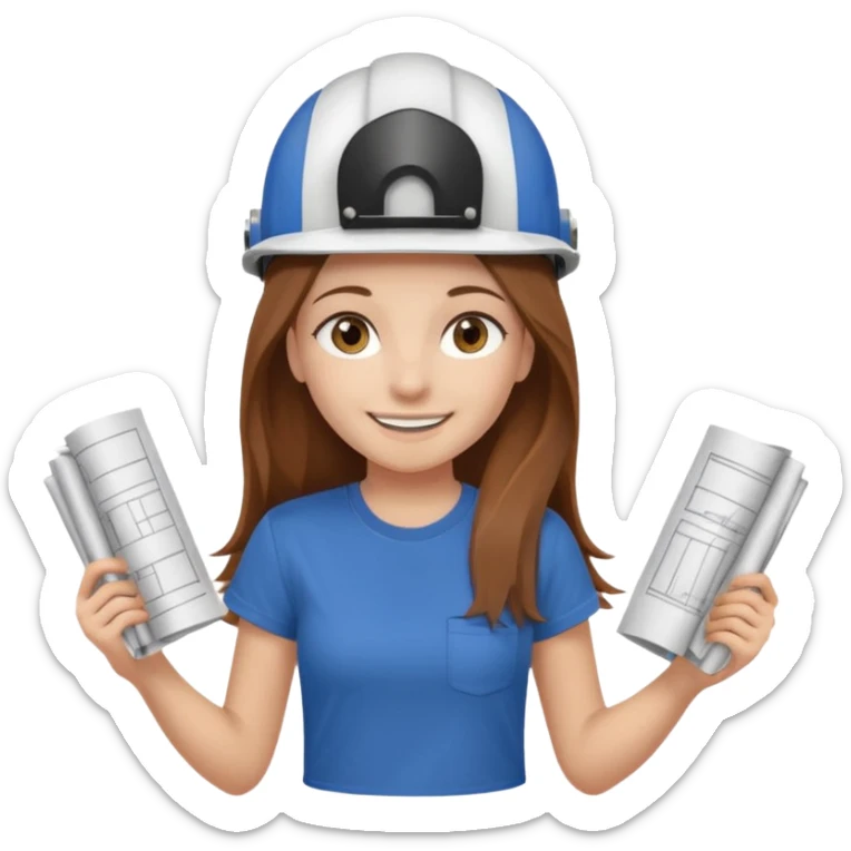 Waist-up girl on a white background wearing a brown Skims t-shirt. She has long, straight chestnut hair down to her waist. Brown eyes, long eyelashes, smiling with braces showing. White helmet with “BUT” written on it. Holding rolled-up blueprints. sticker