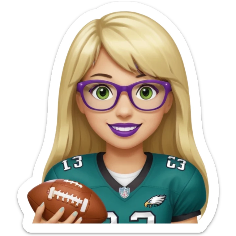 long blonde hair with bangs black rectangle glasses female green eyes football player wearing eagles uniform jersey number 33 holding football smiling purple lipstick sticker