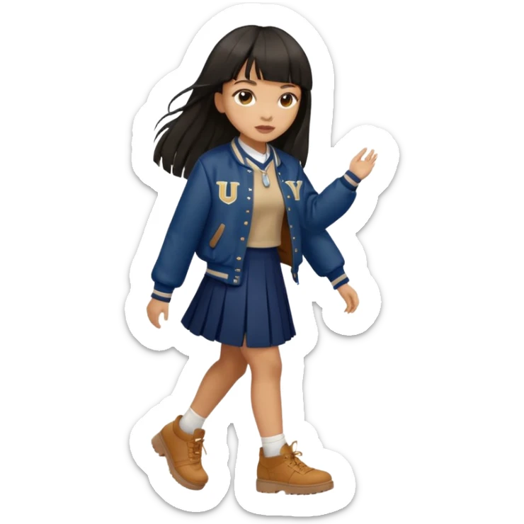 black color long hair with fringe, light skin long hair girl with brown varsity jacket,  navy long long skirt walking

 sticker