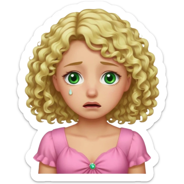 the girl is that criying she has green eyes and blond hair curly pink dress, sticker