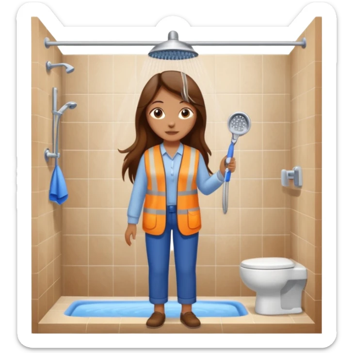 beautiful girl with long brown hair constructing new bathroom area with new shower and amenities  sticker