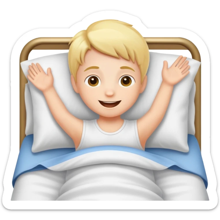 a child happily getting out of bed in the morning, bright and friendly sticker