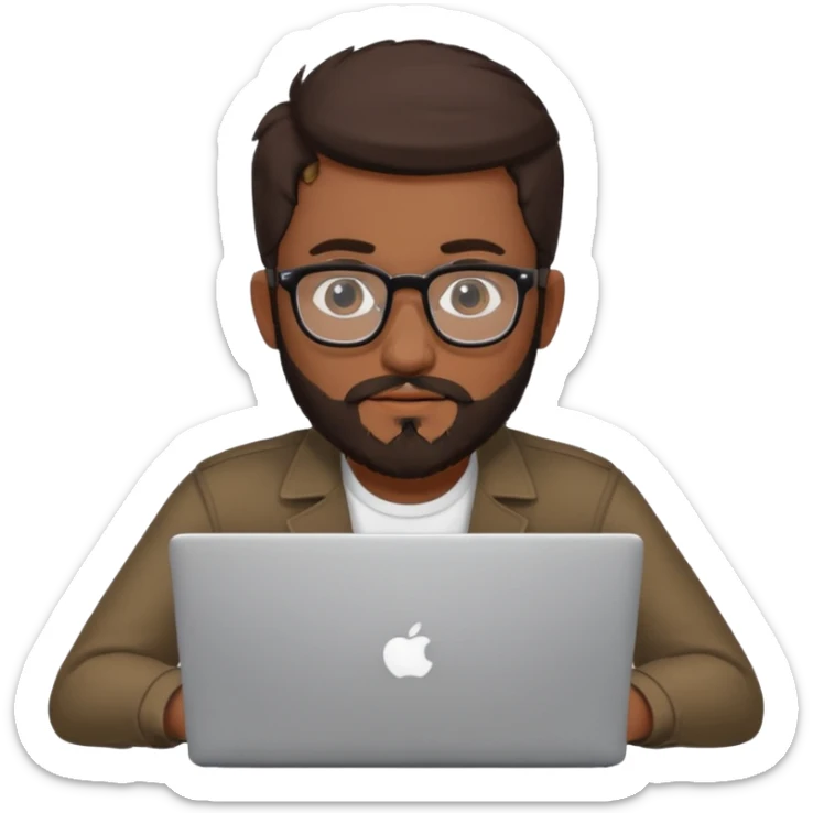 23 year old Azerbaijani man with very dark brown hair and beard with glasses and laptop sticker