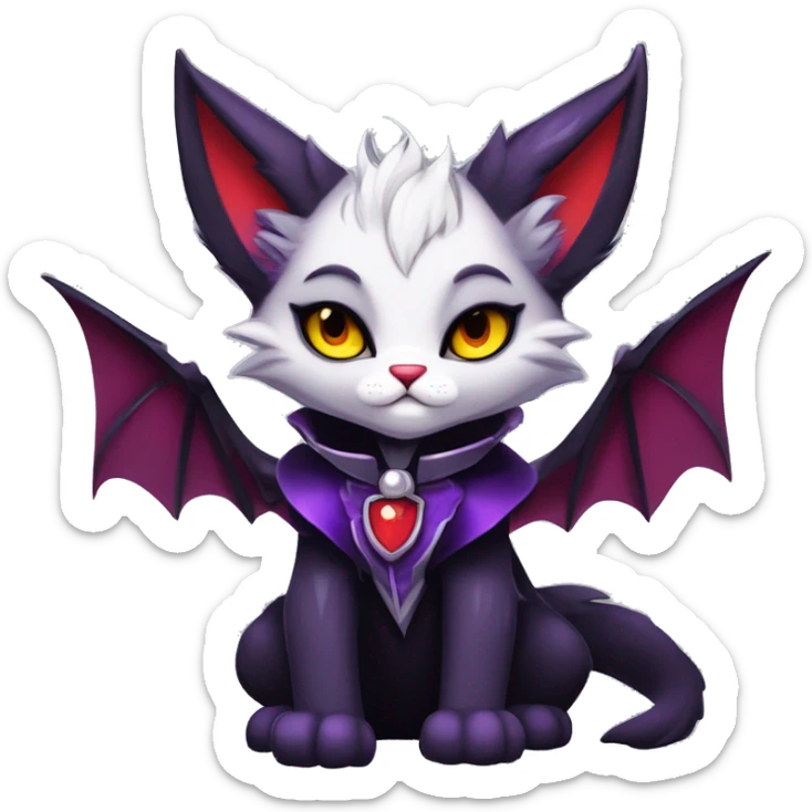 Anthro-Cute-Edgy-Cool-Vampiric-Batty-Cat-Black-Purple-Red-Grey-White-Yellow-Contrast-Colors-Fantasy-Fur-Sona-Chibi-Shiny-Fakémon-Hybrid with horns and fangs and collar full body sticker