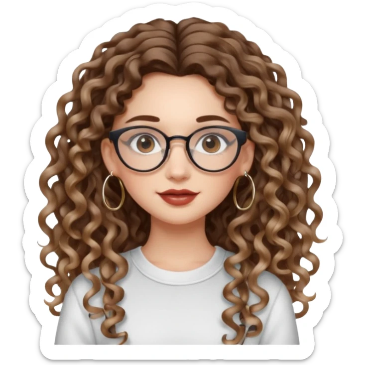cute whilte girl with not volominous VERY LONG curly hair with balayage, brown eyes, full lips, natural clean girl makeup and hoop earrings and glasses sticker
