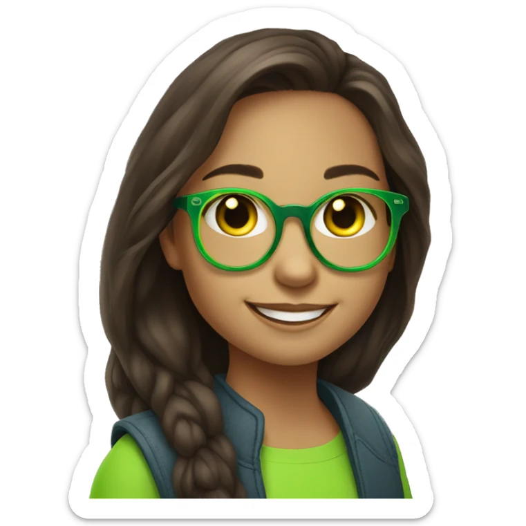 An emoji of a cute, long-haired brunette girl wearing glasses with a neon green frame, smiling warmly with a friendly expression sticker