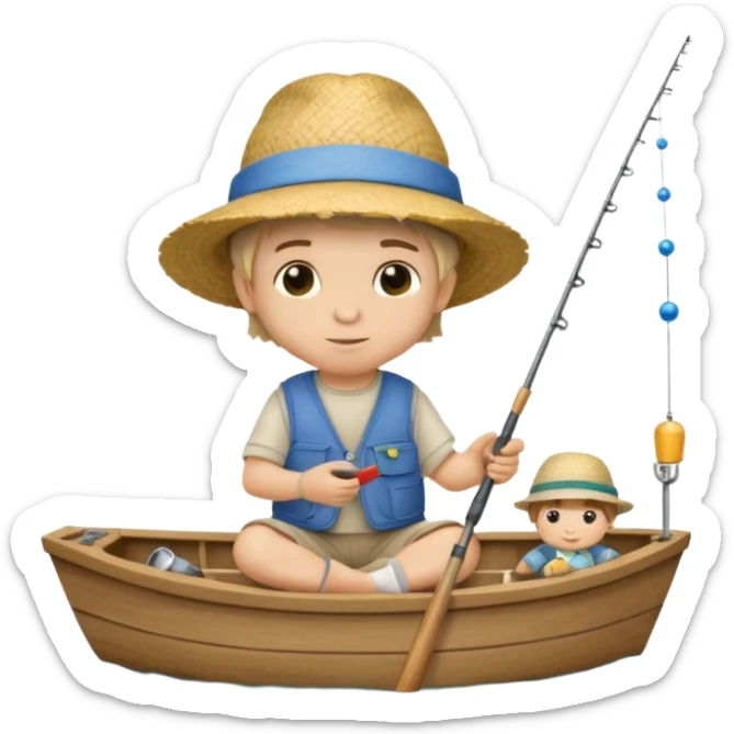 Little boy on a little boat fishing, felt texture, scrapbooking, precious moments style character sticker