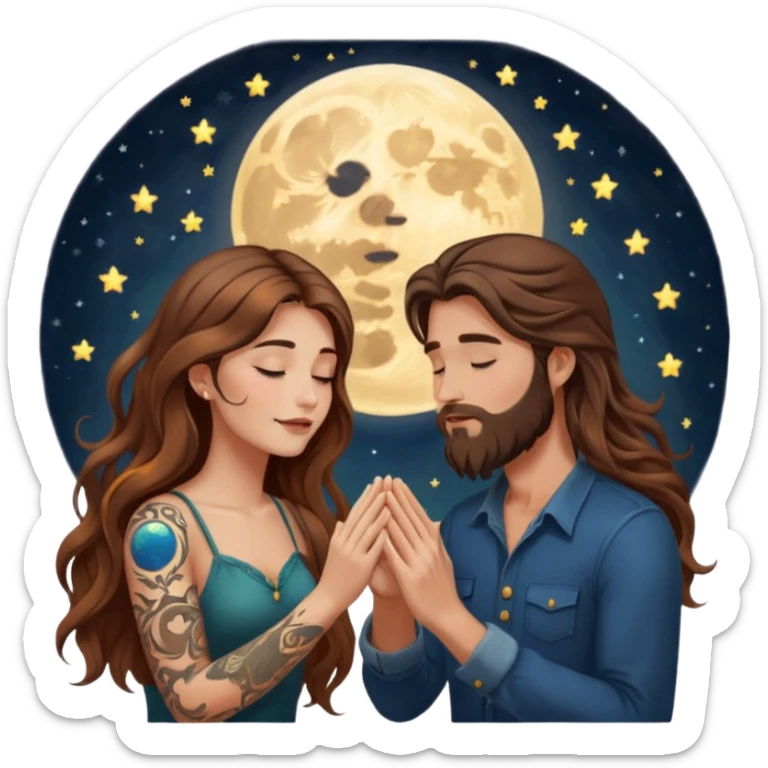 woman with long wavy brown hair tattoos and man with long brown hair beard, foreheads touching, shared glowing moon between hands sticker
