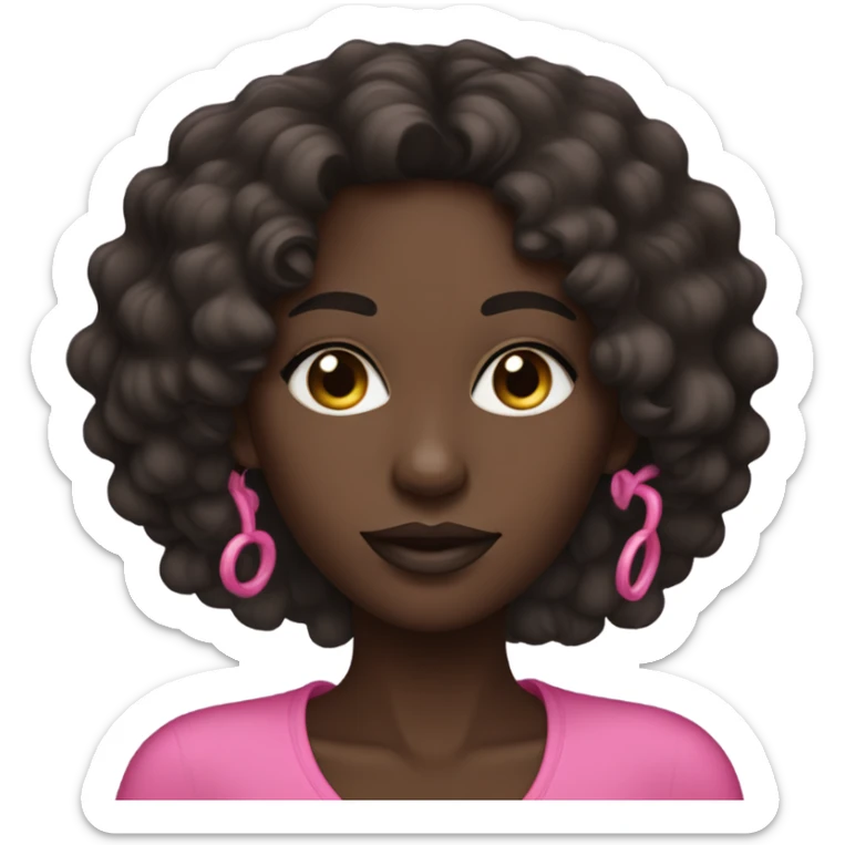 darkskin woman with dark long curly hair and wearing pink with a sleek model look sticker