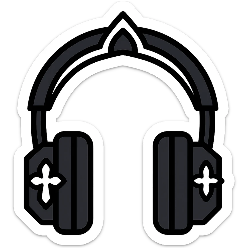 black gothic headphones with black outlines, black and silver gothic accents, color outline style sticker