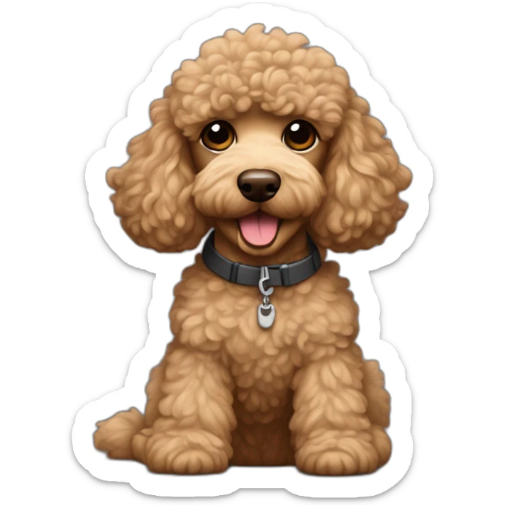 Light brown poodle seated and wearing a t-shirt with the face of Eddie Vedder sticker