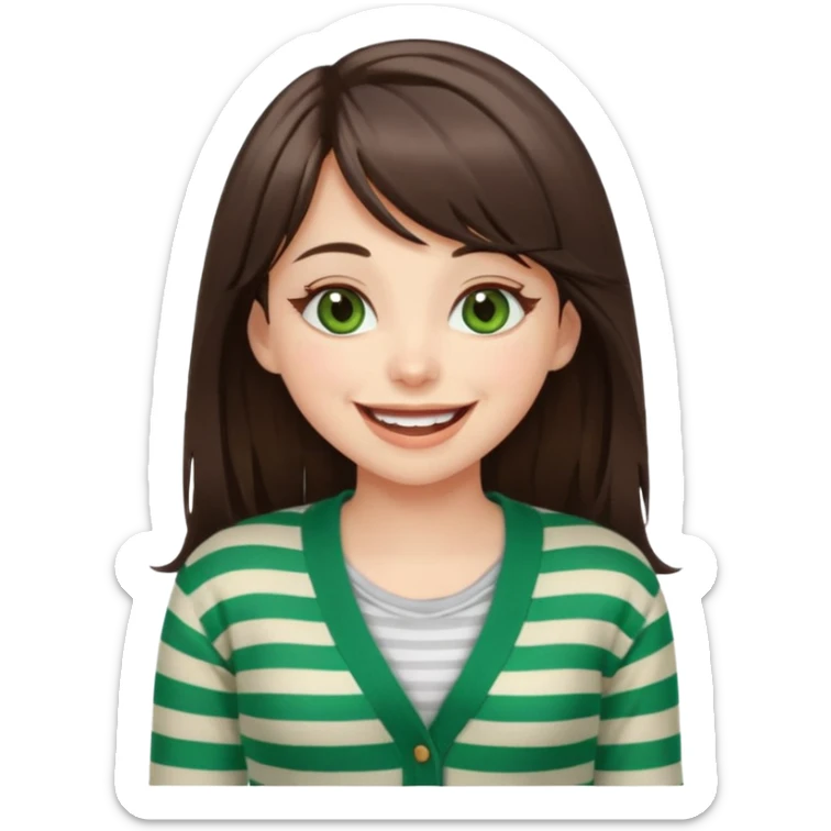 Gorgeous brunette girl green eyes, striped cardigan, with swoop bangs and long hair having fun, laughing sticker