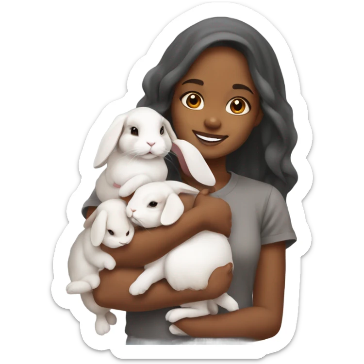 Black Muslim girl holding her 3 cute orange, gray, and mix colored holland lop bunnies sticker