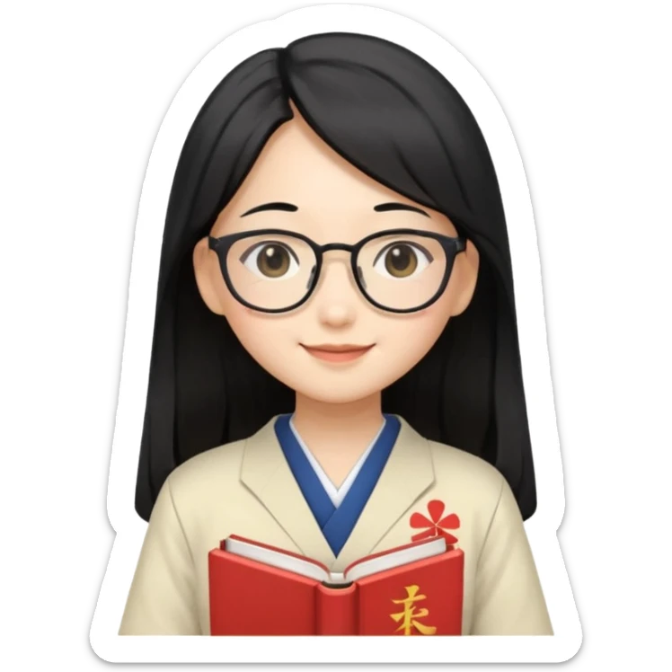 A student, asian girl, long black hair, wearing glasses, japanese uniform, hold book in front of their chest sticker