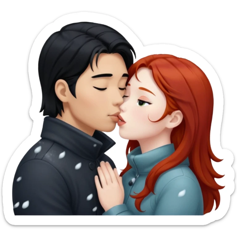long black haired asian guy kisses redhead girl in snowstorm sticker