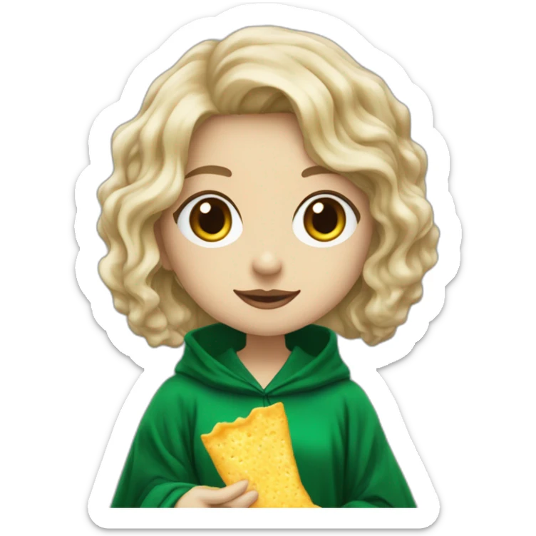 Girl Blue eyes Slytherin robe with short wavy ash blonde hair eating chips and cheese hogwarts robe sticker
